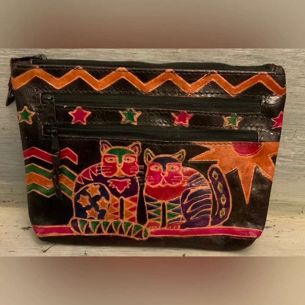 Vintage Genuine Leather‎ Colorful Embossed Cats Clutch Made in India Like New